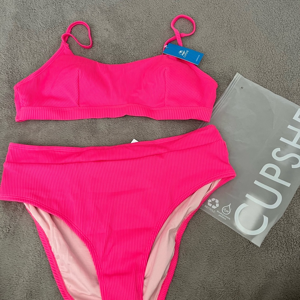 Cupshe Hot Pink Ribbed Bikini Set
